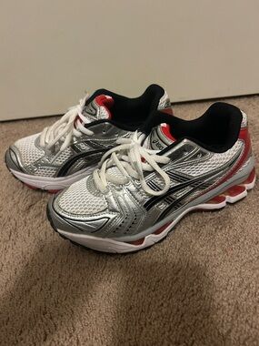 Kids ASICS Silver, Black & Red Athletic Trainers